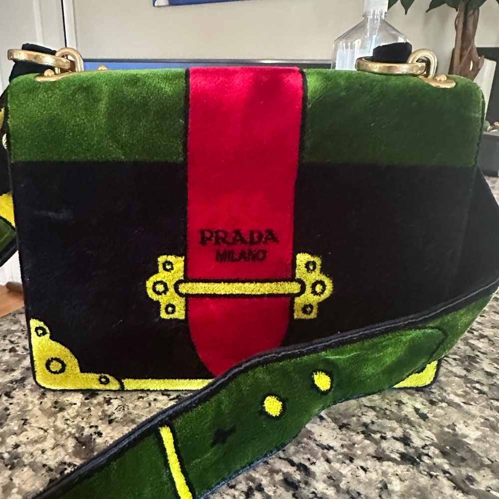 Prada Velluto Ricamo Cahier Shoulder Bag Black